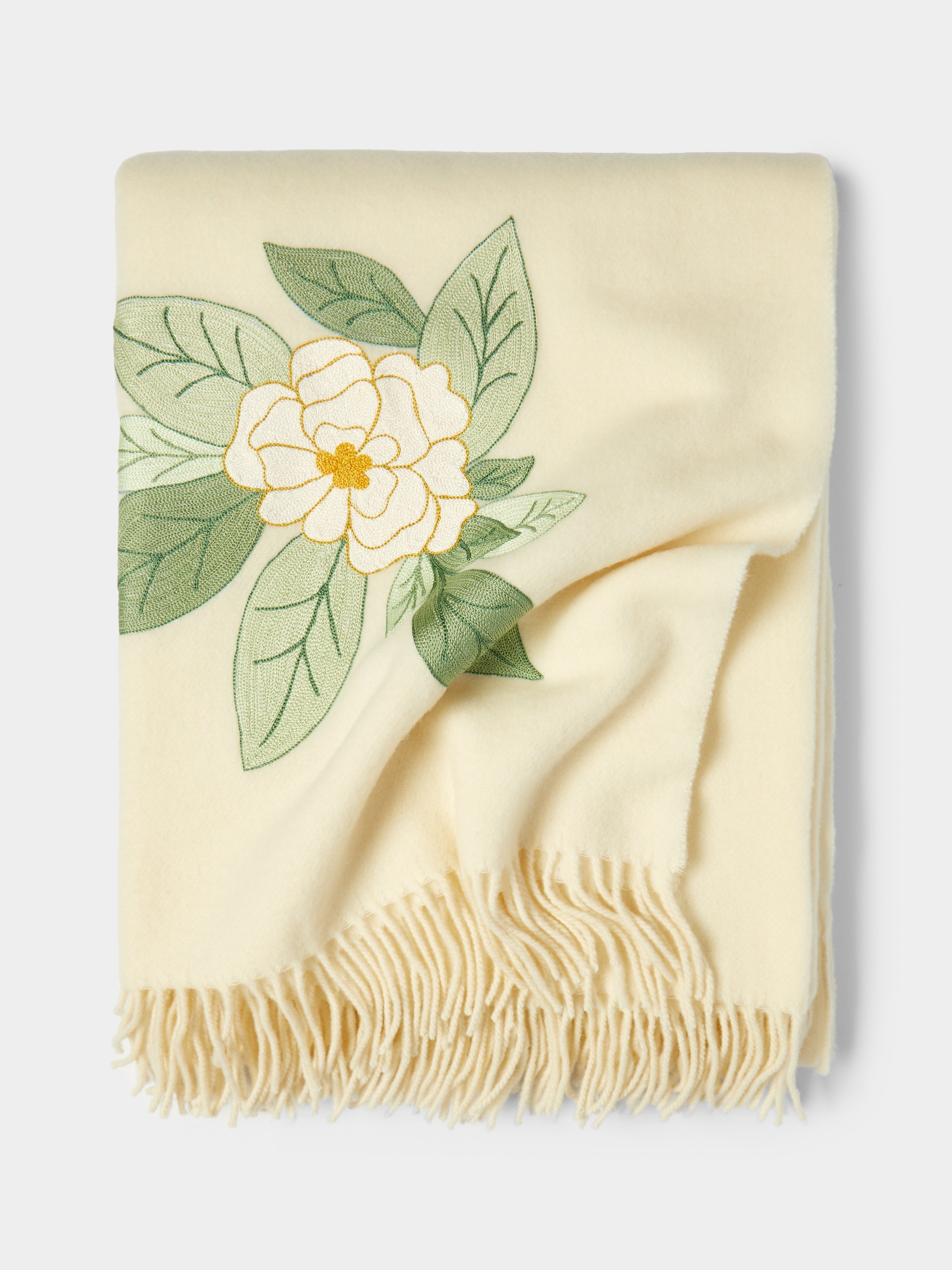 Camellia Hand-Embroidered Wool Blanket (63in/1.6m)