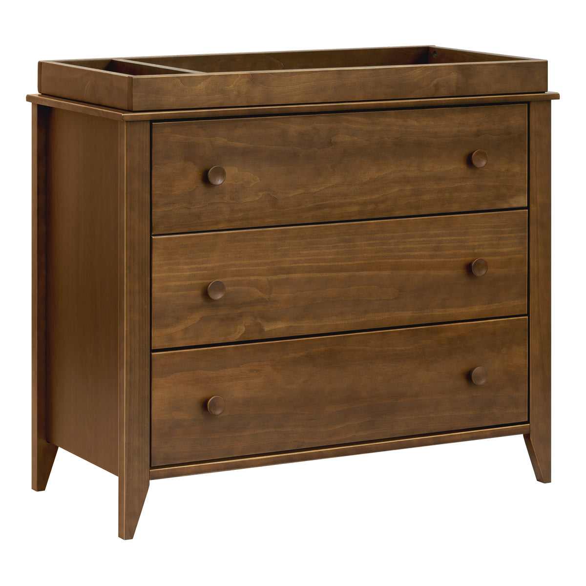 Front view of Sprout 3-drawer changer dresser in natural walnut with removable changing tray on white background