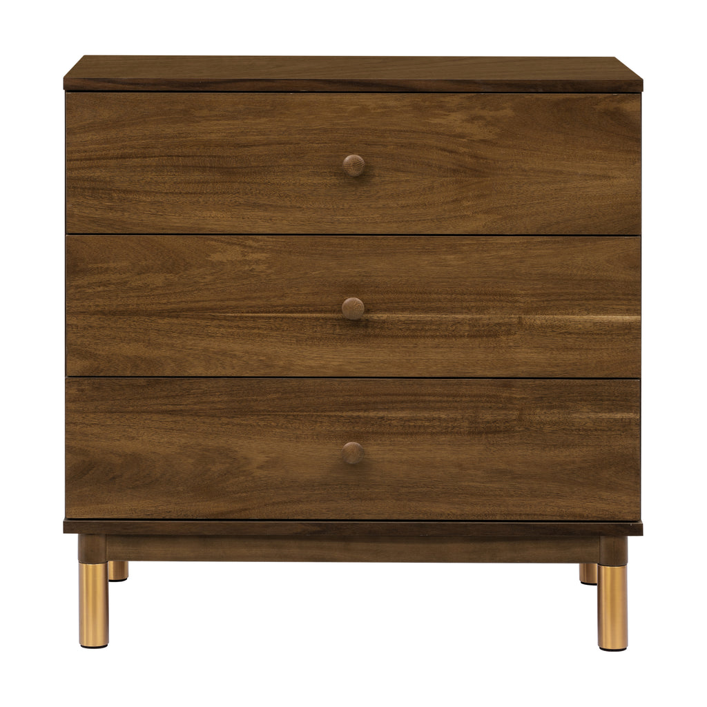 Gelato 3-Drawer Compact Changer Dresser with Removable Changing Tray (34") in Natural Walnut & Gold Feet