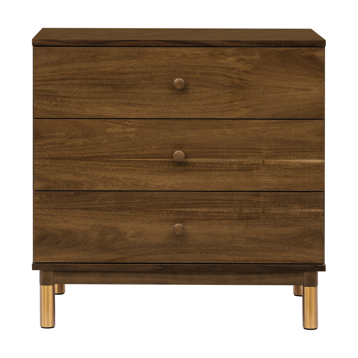 Front view of Gelato 3-Drawer Changer Dresser showcasing three drawers and brushed gold feet against a white background
