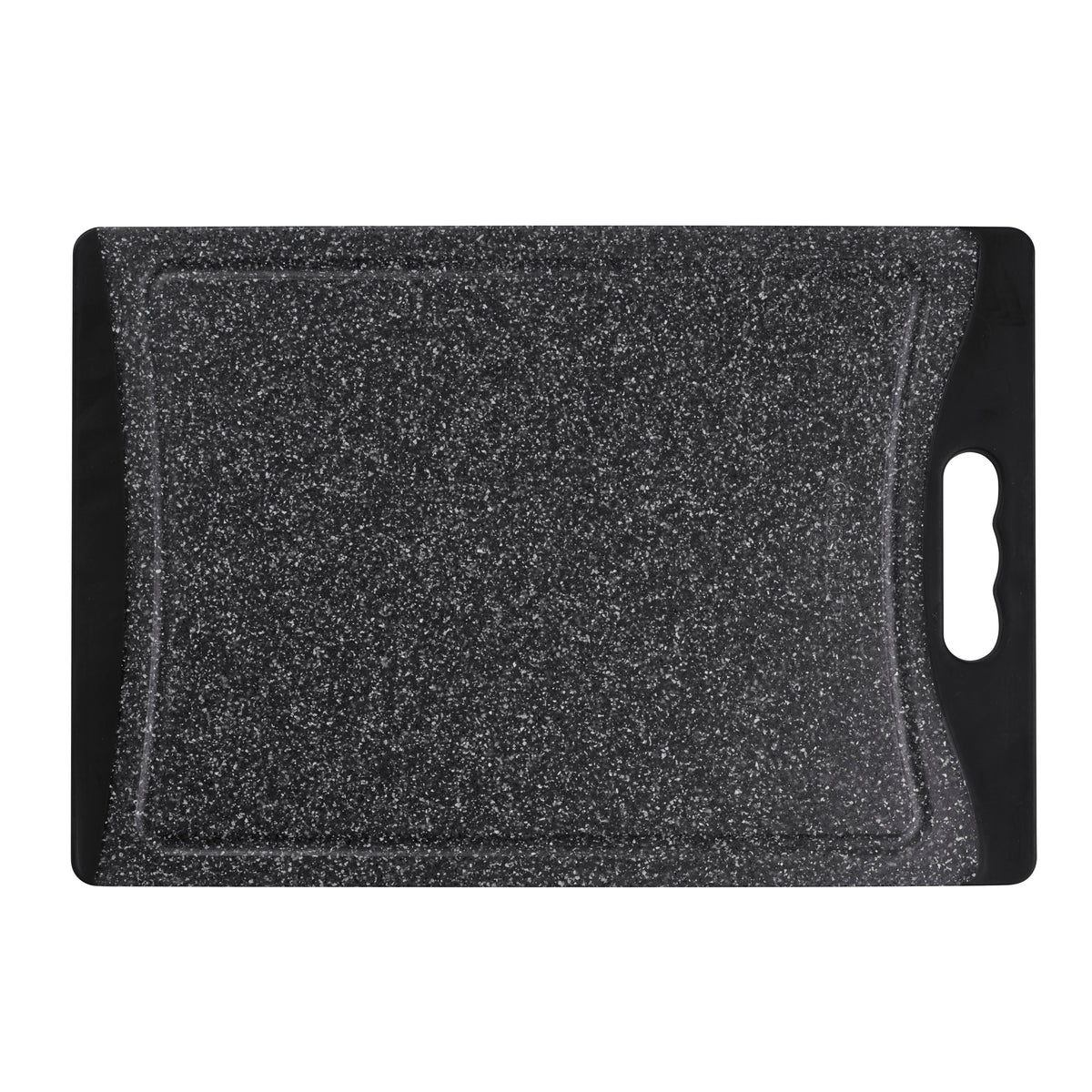 Top-down view of 14-inch marble-effect cutting board showcasing grooved juice well and black non-slip grips with built-in handle on white background