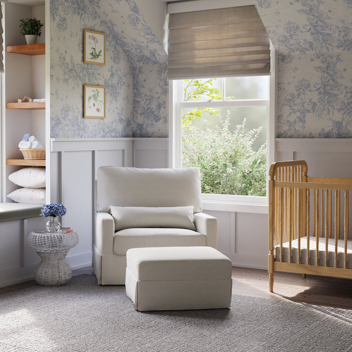 Crawford Pillowback Chair and a Half Comfort Swivel Glider in Fog Chatham Stripe Performance Eco-Weave