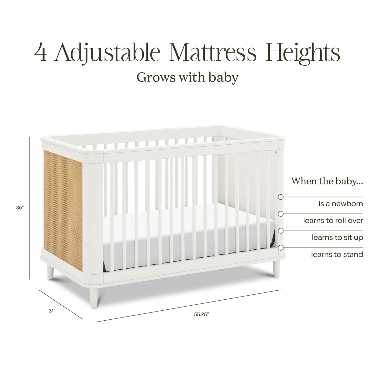 Marin with Cane 3-in-1 Convertible Crib in Warm White & Honey Cane