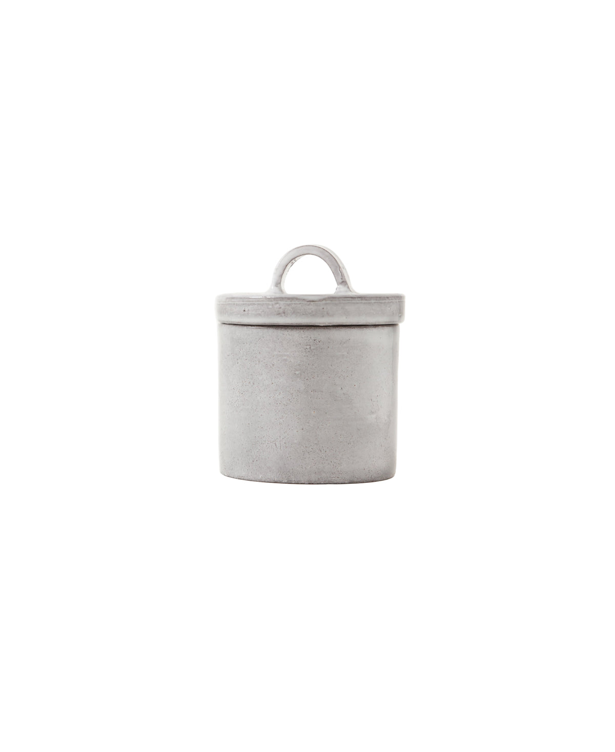Front view of Assisi salt cellar and sugar bowl showing lid with loop handle and white glazed clay on white background