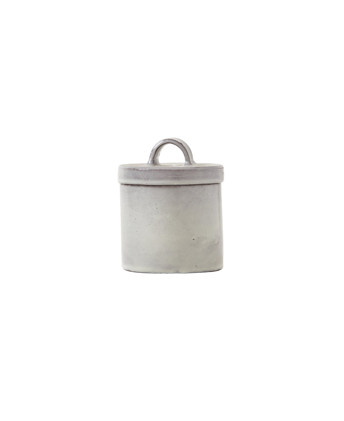 Front view of Assisi Salt Cellar and Sugar Bowl, dove grey glazed clay lidded jar with loop handle on white background
