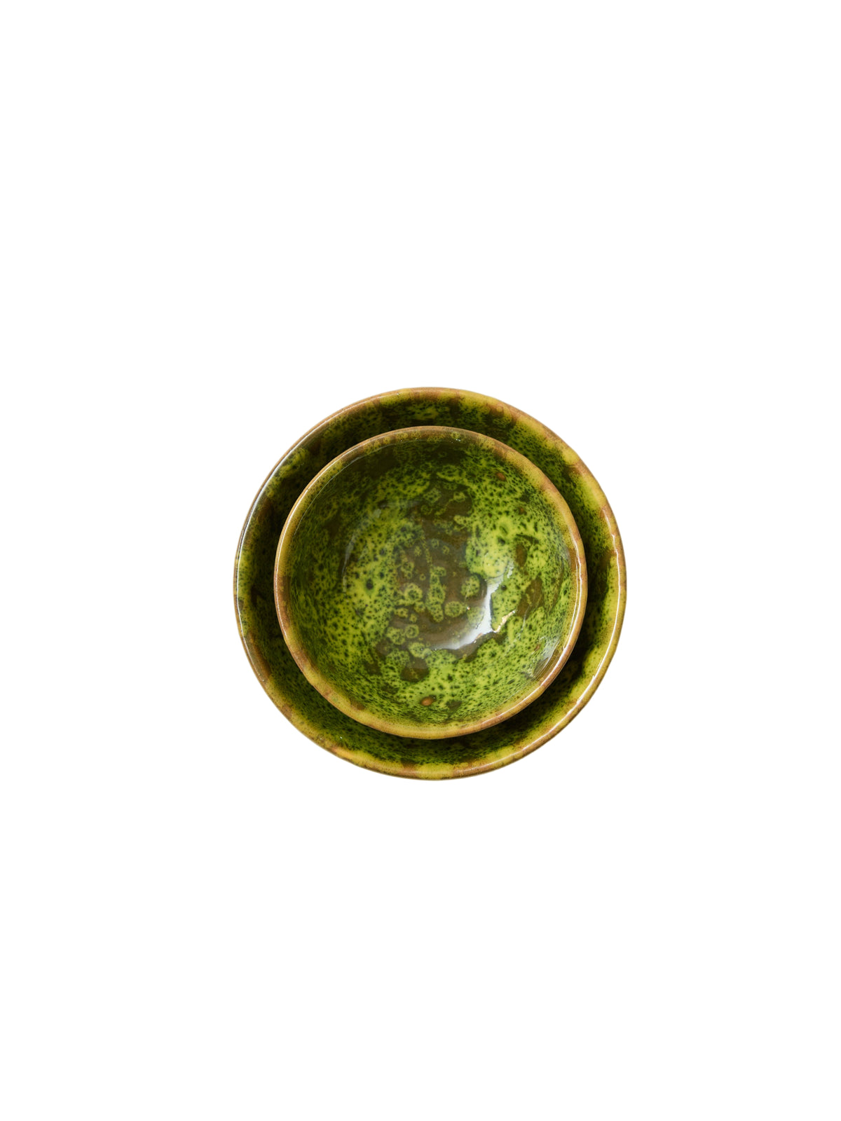 Top view of Moss Terracotta Oil & Salt Dish Set showcasing its moss-inspired glaze pattern with white background