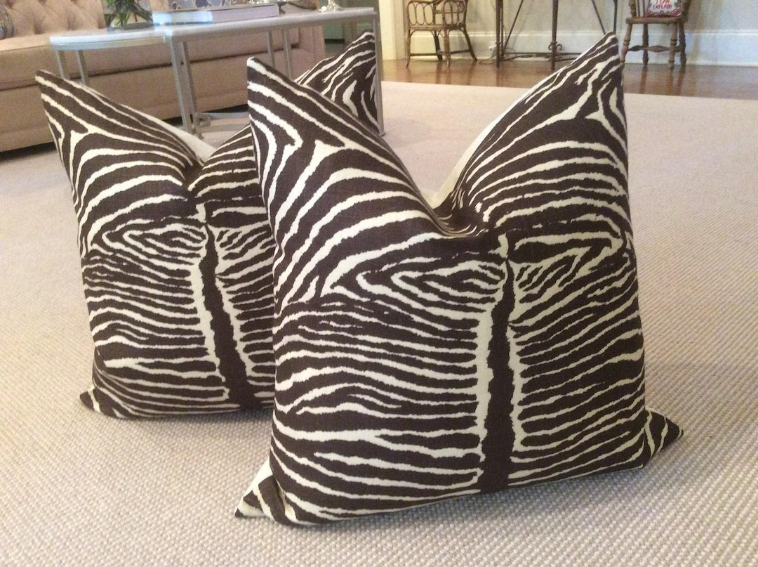 Brunschwig and Fils "Le Zebre" in charcoal brown and off white pillow covers