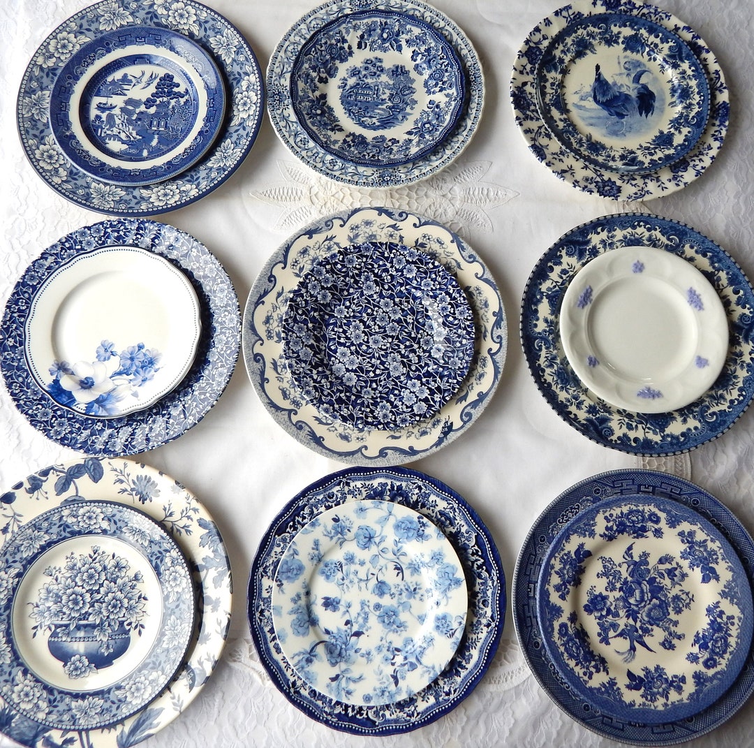 Blue and White Dinner Plates Mismatched china porcelain dishes new vintage, mix and match. Wedding rehearsal, Bridesmaid Luncheon (9-10)