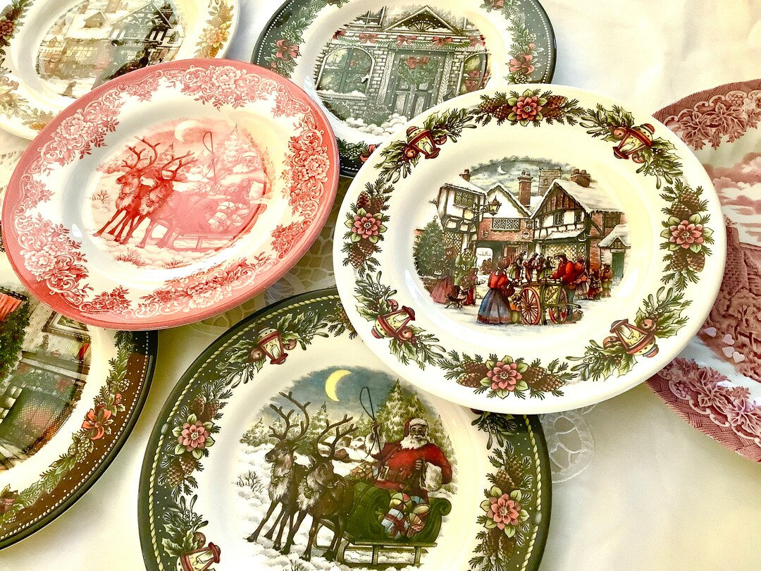 Christmas Plates Mismatched china porcelain dishes new vintage, mix and match. Side, Salad, Dessert Plates, Holiday Wedding (6-7)