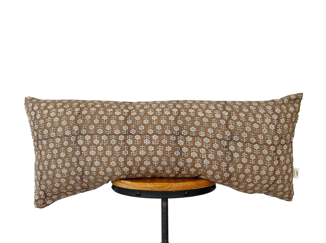 block print pillow. camel color floral lumbar pillow. 14x30
