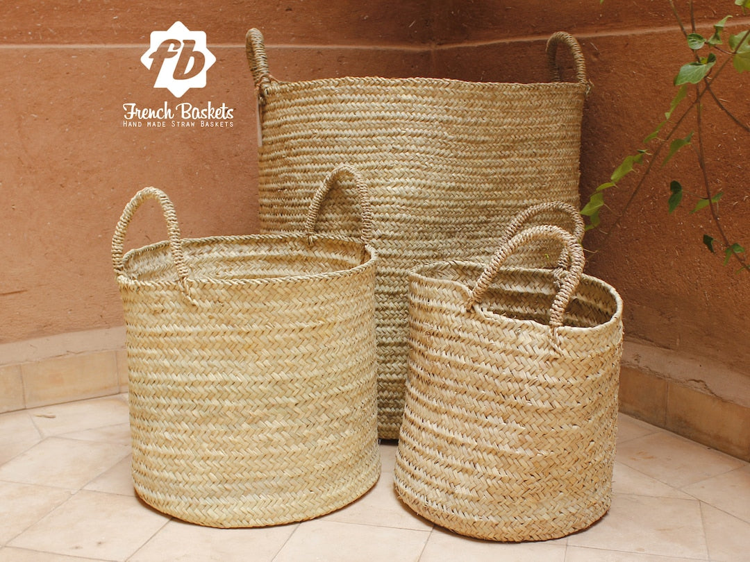 Set of 3 Palm Leaf Large round Storage Home decor baskets - Handmade French Baskets