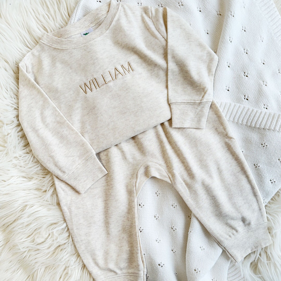 Custom Leighton Jogger Set (Oat color, 0-3mo, "LIAM" in Aqua lettering)