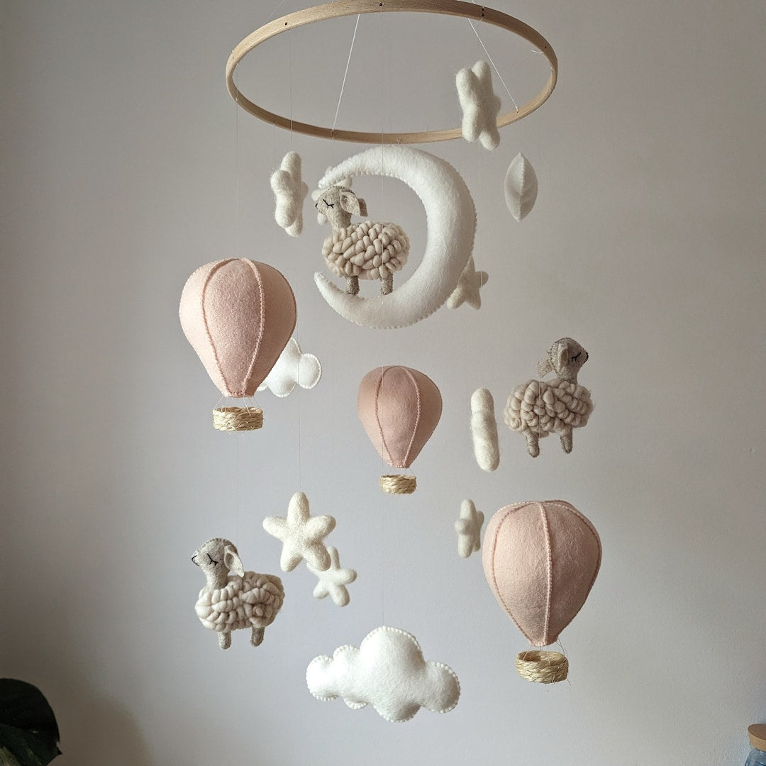 Counting sheep mobile, baby mobile with sheep, sheep mobile, cot mobile with hot air balloons, gender neutral baby mobile, baby shower gift