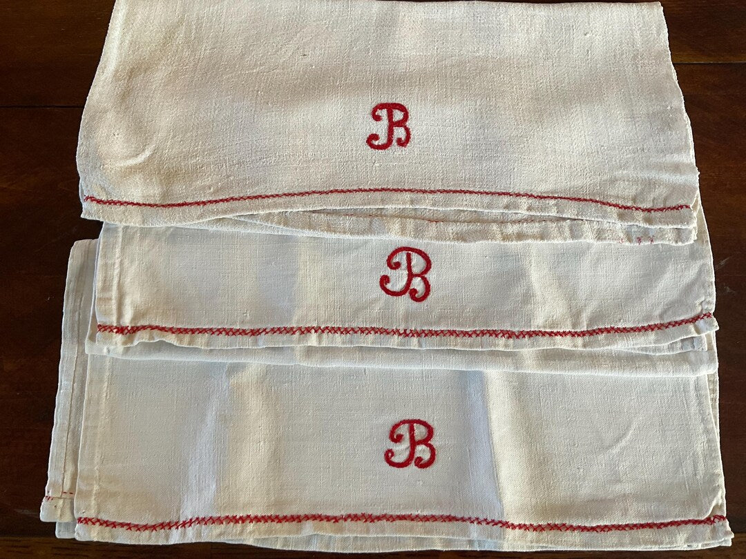 A set of Three Antique french hemp chanvre monogrammed torchons, tea towels just fabulous