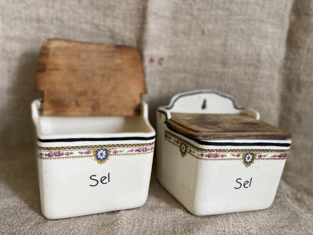 Antique Ceramic Salt Canisters with Wooden Lids, French Country Kitchen Porcelain Storage, Classic Decor with White Background 1900s