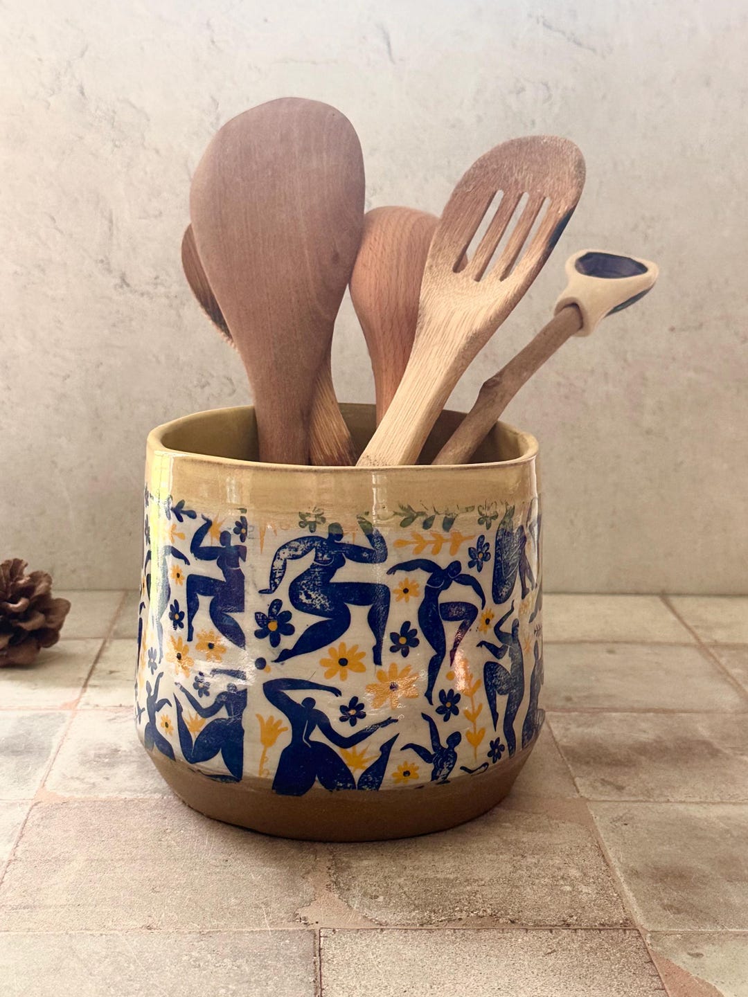 Ceramic utensil holder, Matisse inspired dancing ladies yellow and blue