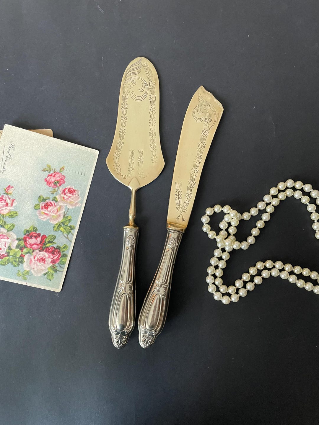 Antique Golden and Silver Plated Cake Server and Cake Knife Set , Art Nouveau Italian Silver Plated Cake Server Set Wedding Cutlery Gift