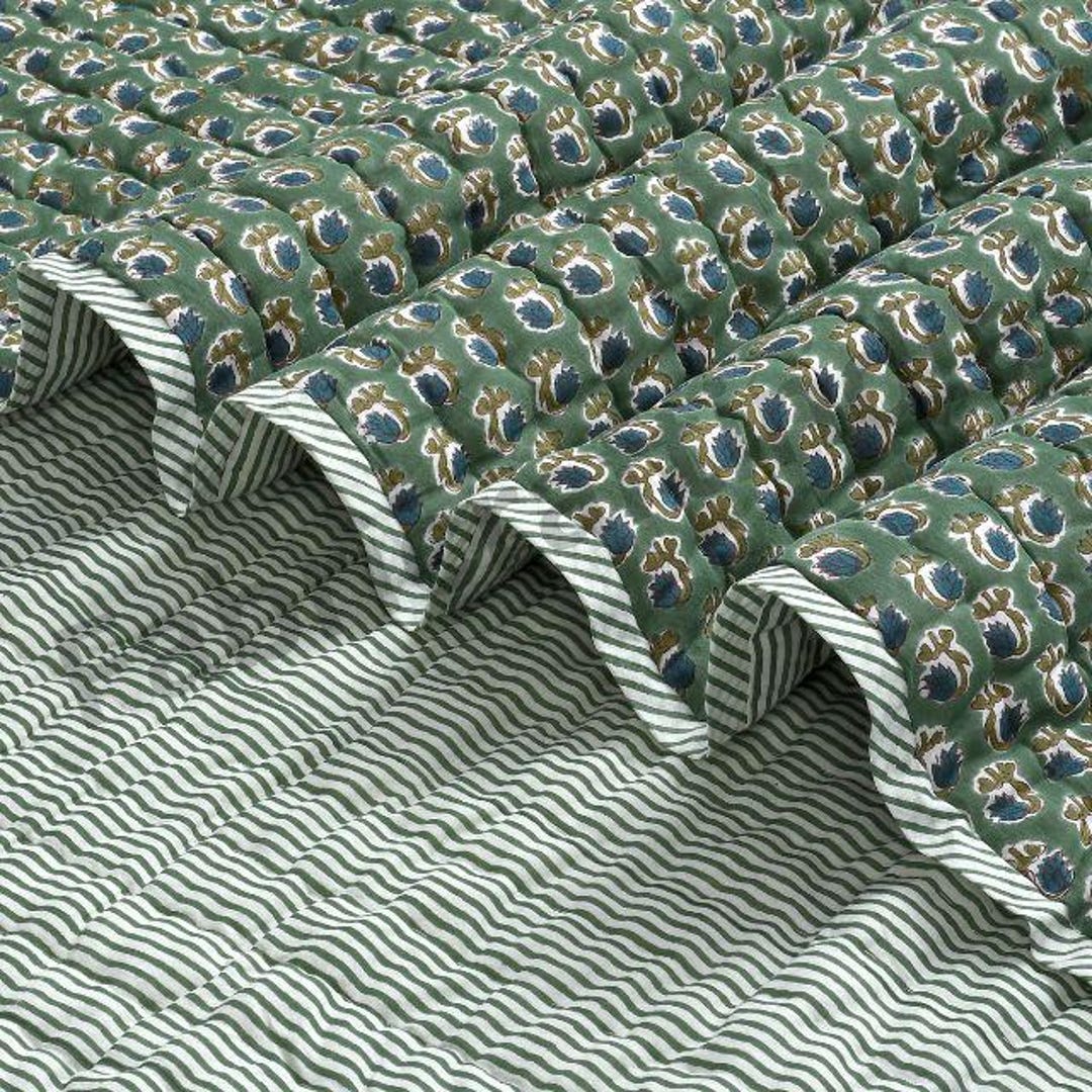 Comforter Quilt Hand Block Printed Cotton Cloth Quilted Throw Blanket Cover for Couch and Bed Lap Bedding Coverlet Oversized Quilt