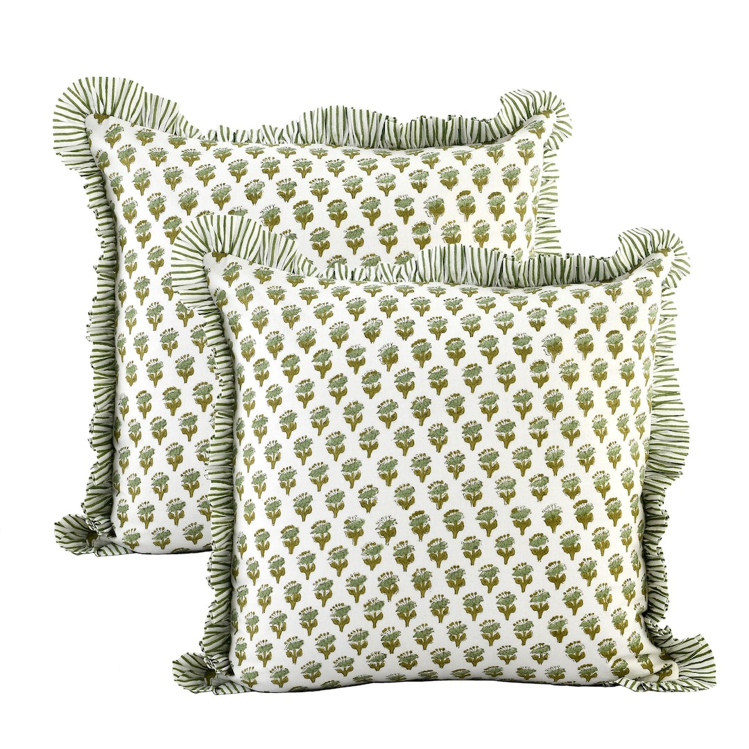 CPC Emerald Green Cotton Block Print Ruffle Throw Bed Pillow Covers for Couch, Decorative Couch Pillows for Living Room, Boho Floral Sham