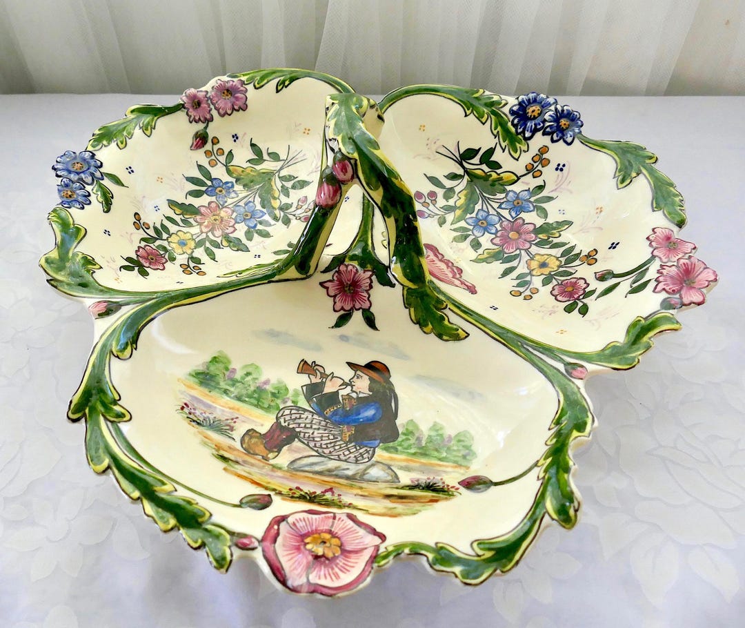 1890s HB Quimper France DECOR RICHE Green Breton Man Three-Section Large Bowl With Handle