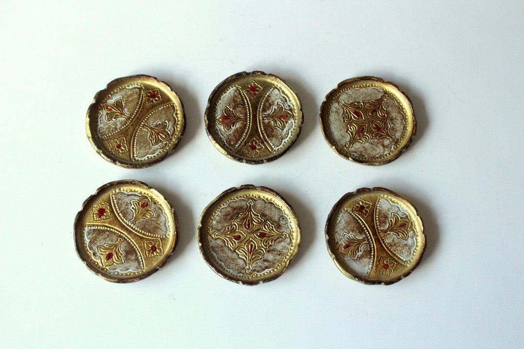 6 coasters Florentine style wood - approx. 8.2 cm diameter table decoration vintage mid century wooden coaster florentine style set of 6