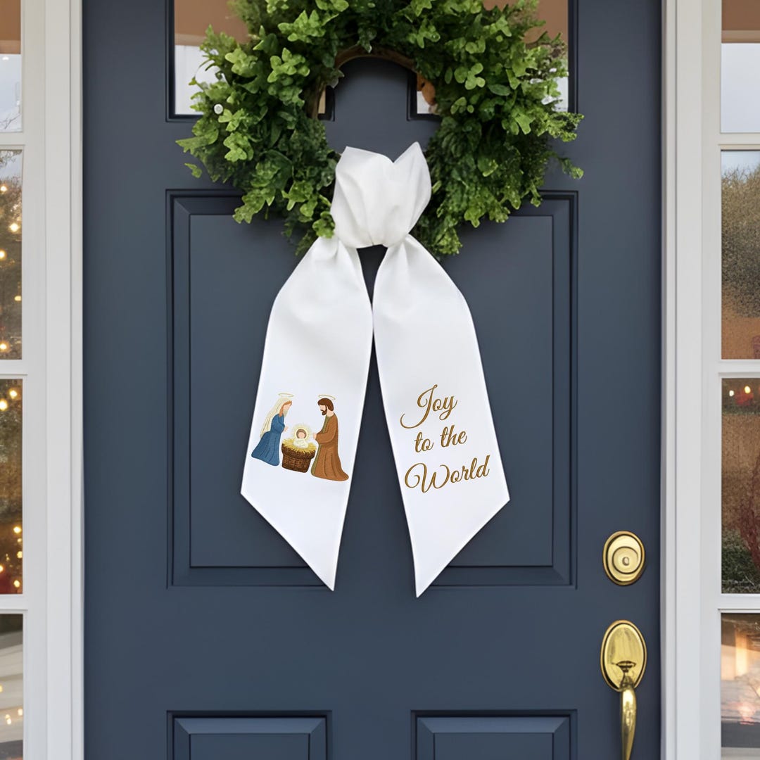 2025 Nativity Christmas Wreath Sash with Monogram, Nativity Wreath Bow, Embroidered Monogram, Door Hanger, Joy to the World Nativity Sash