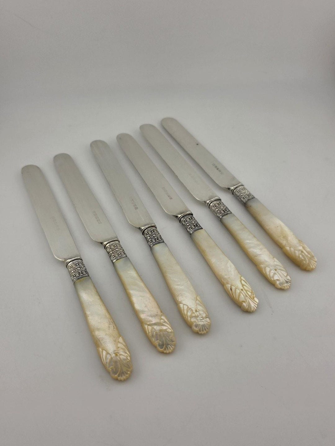 Antique Victorian 19th C Mother Of Pearl Silver Knives Sterling Collar
