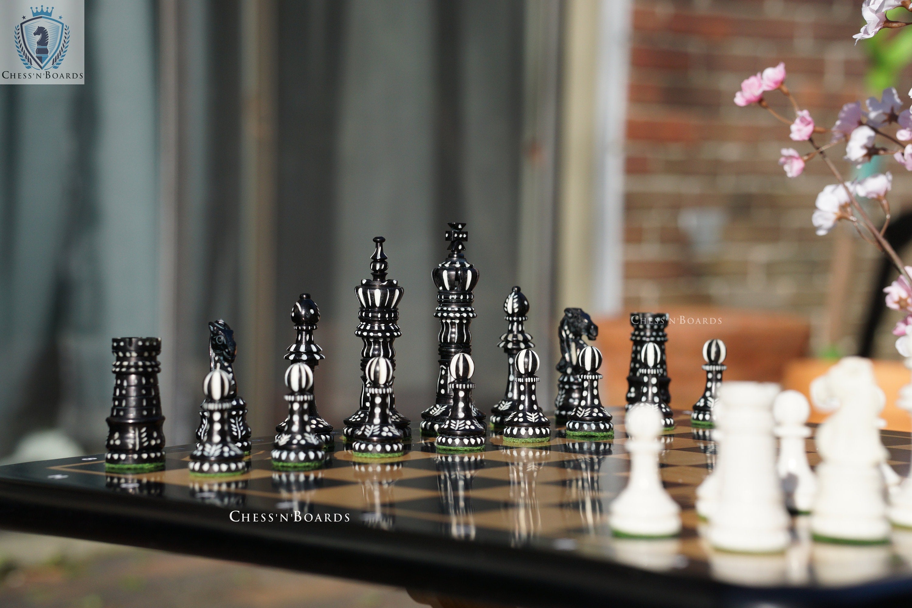 Chess Set: Hand Carved King Cross Camel Bone Chess Pieces with Chessboard