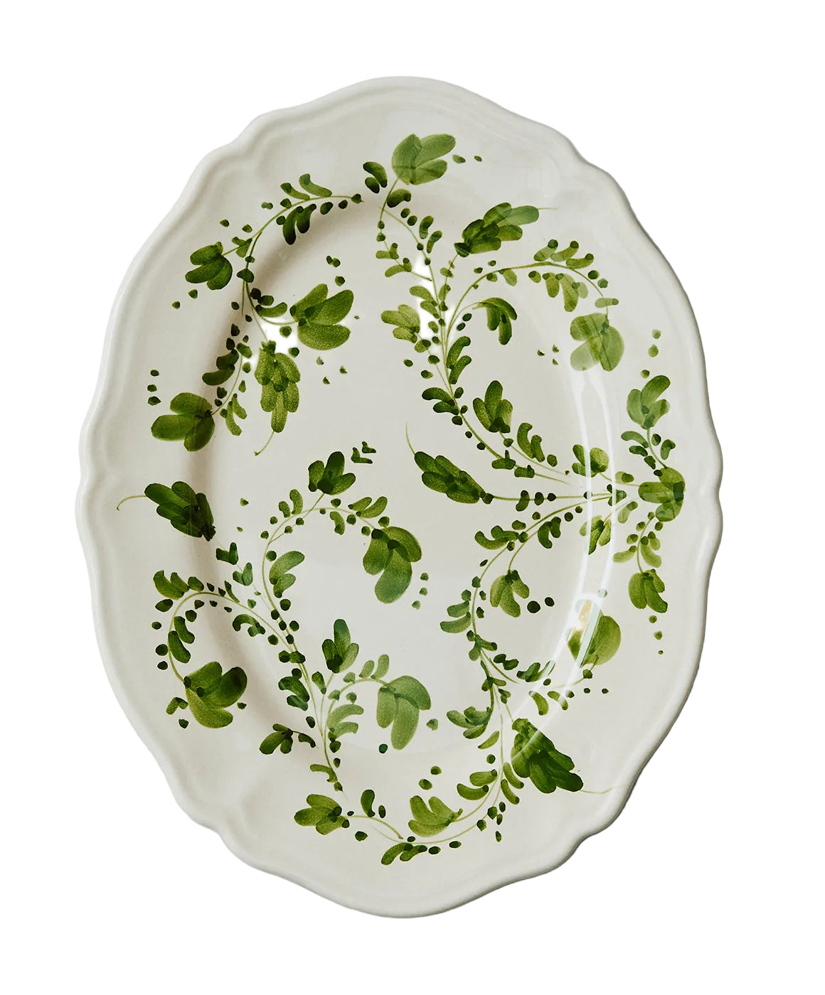 Top view of Flora large oval platter showcasing hand-painted green floral vine pattern and scalloped rim on cream background
