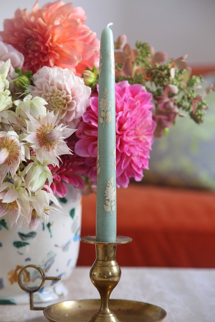 Sage Blossom Hand-Painted Taper Candles, Set of Two