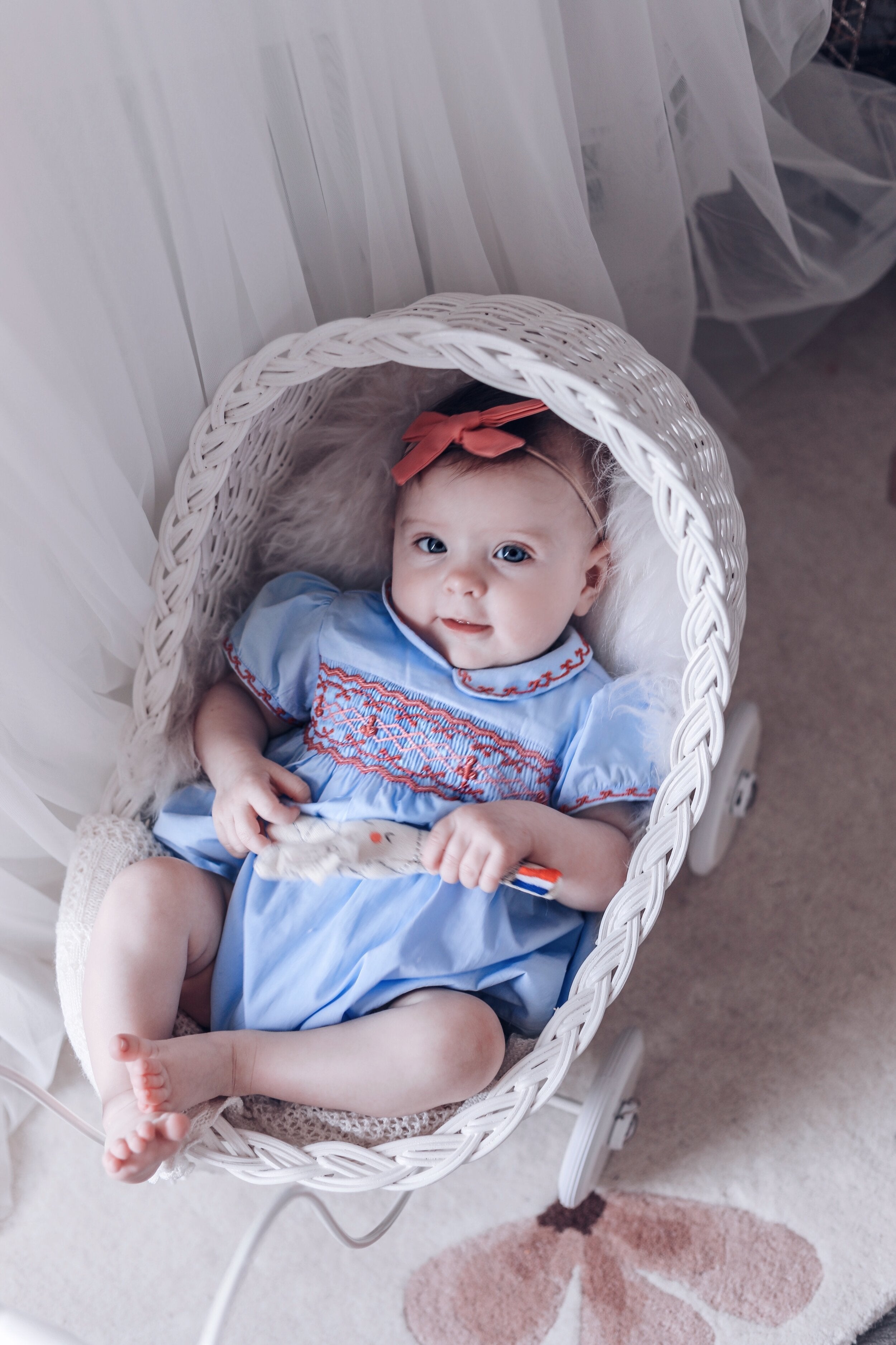 シャーロットドレス ロンパース Princess Charlotte Sky Blue Smocked Baby Romper | Over The Moon