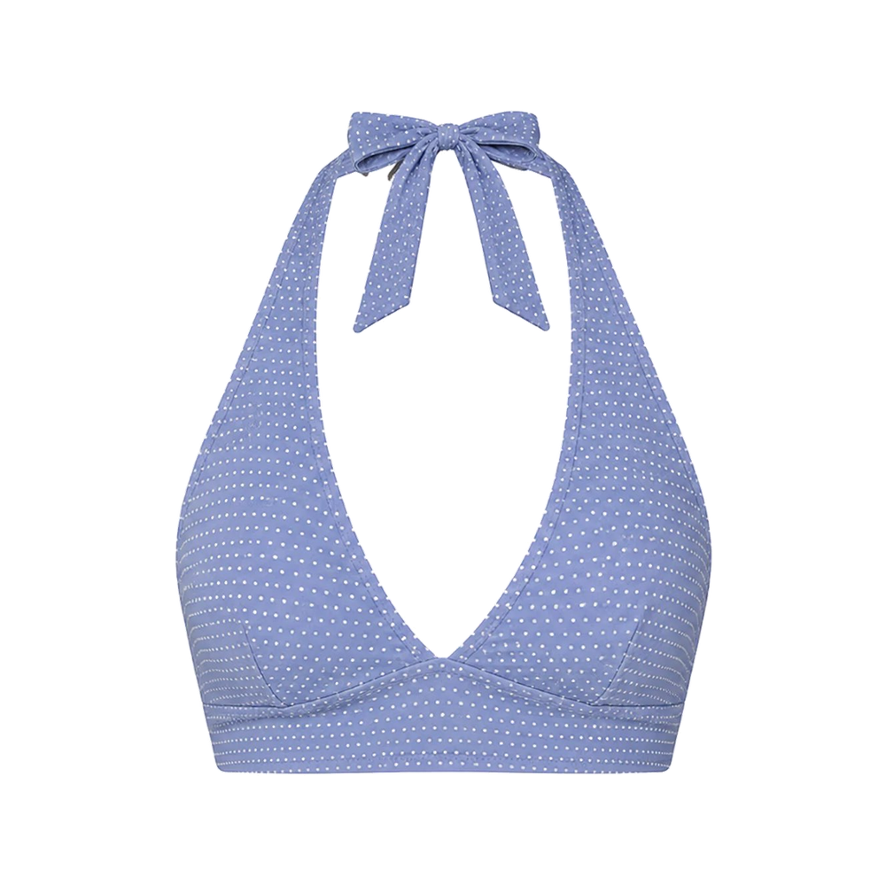 Front view of The Majorca Bikini Top in Polka Dot Wisteria showcasing its deep plunge V-neckline and wide adjustable halter tie on a white background