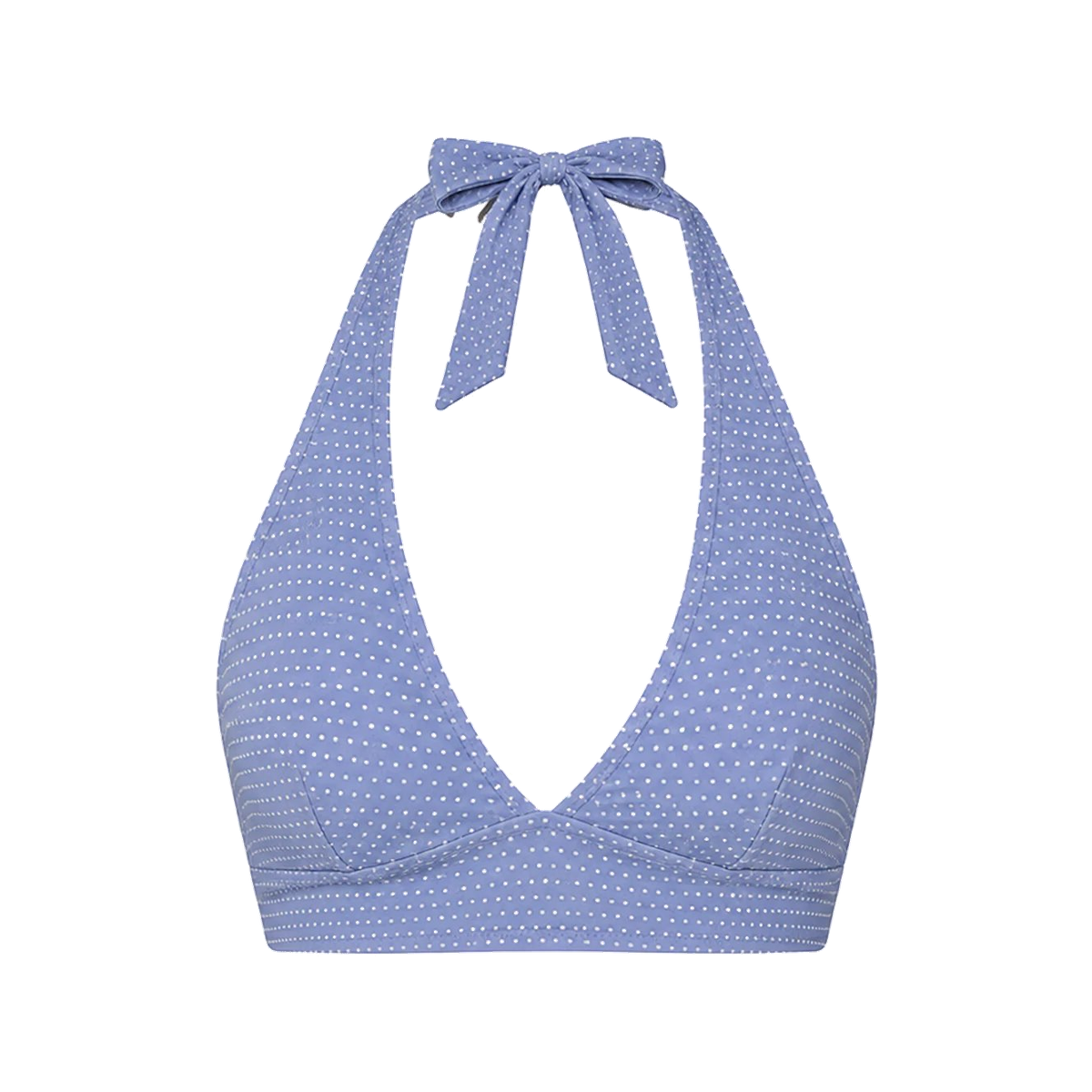Front view of The Majorca Bikini Top in Polka Dot Wisteria showcasing its deep plunge V-neckline and wide adjustable halter tie on a white background