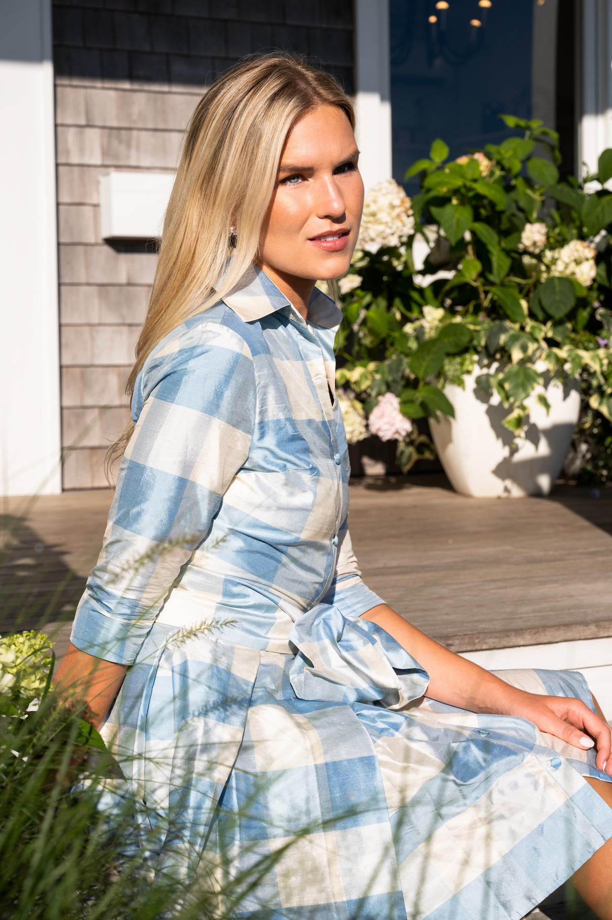 Collared Cocktail Dress in Large Blue Check