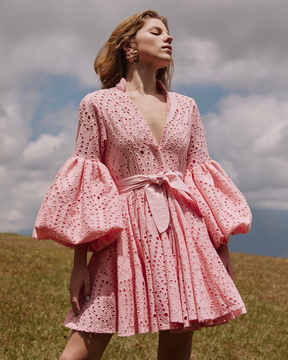 Front view of Carta Y Letra pink eyelet mini dress showcasing deep V-neck, voluminous puff sleeves, tied waist and pleated skirt against a grassy field and cloudy sky