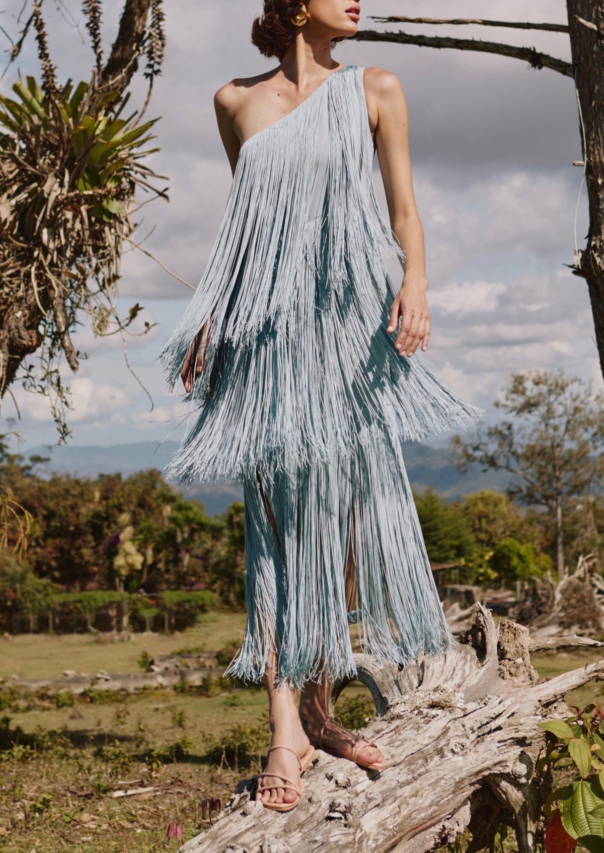 Full-length Cascada dress in dusty blue showcasing one-shoulder silhouette and layered fringe against a rural outdoor landscape