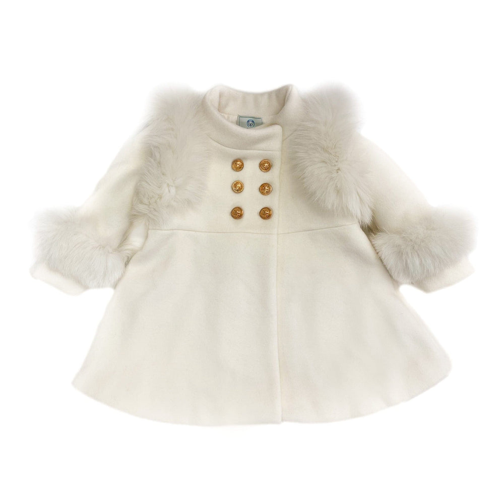 Front view of Evie Ivory Wool Coat showcasing ivory wool, fox fur trim and gold button closures on a white background