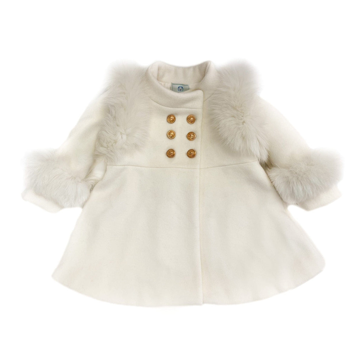 Front view of Evie Ivory Wool Coat showcasing ivory wool, fox fur trim and gold button closures on a white background