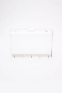 Clear Italian acrylic Mia Acrylic Clutch with Ivory Laser Cut Rose ballot or suggestion box with a front lock on a white background by The Bella Rosa Collection.