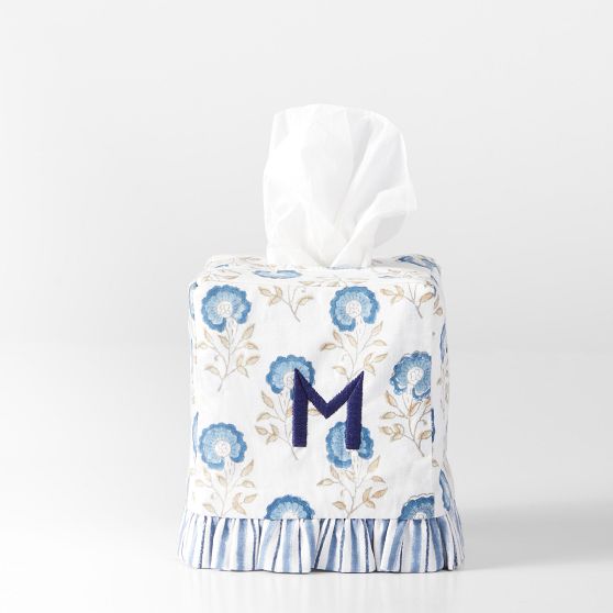 Block Print Tissue Box Cover, White-Blue Flower