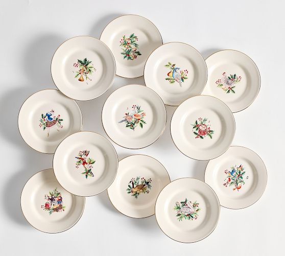 12 Days of Christmas Stoneware Appetizer Plates - Mixed Set of 12