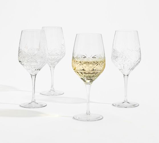 Antique Cut Wine Stem Glasses; Set of 4