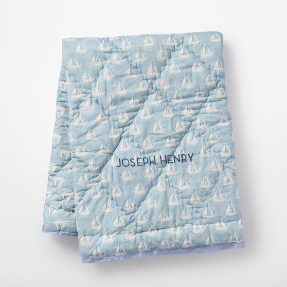 Block Print Quilted Blanket- Blue Sailboat