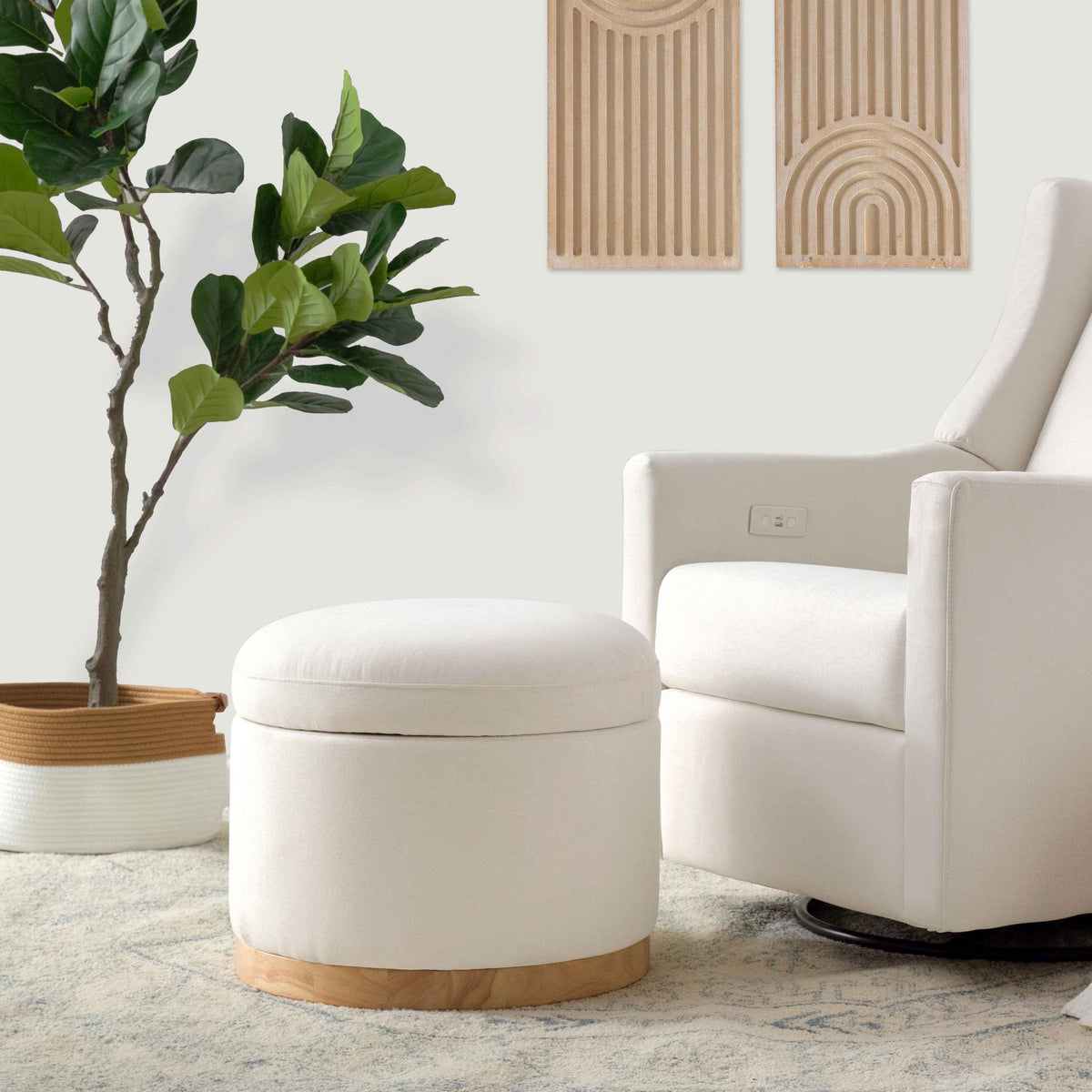 Front view of Naka Storage Ottoman showcasing cream eco-weave upholstery and light wood base with a nursery glider
