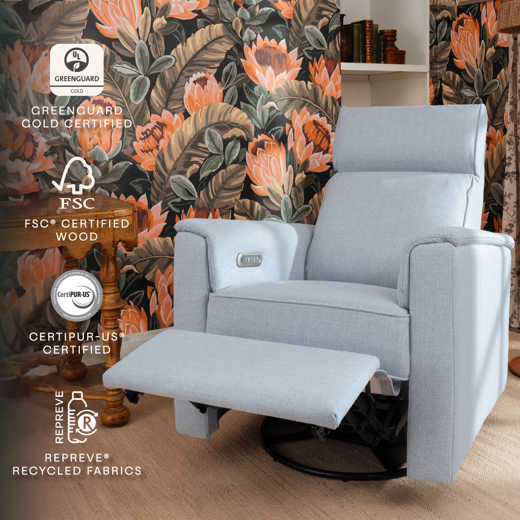 Willa Plus Power Glider Recliner w/ Power Headrest in Performance Blue Chambray Eco-Twill