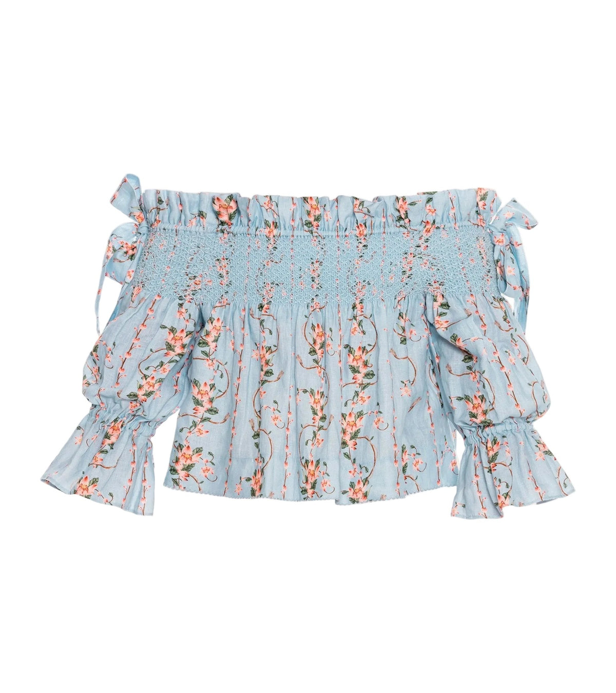 Front view of Isla Navegante Blouse showcasing off-shoulder neckline, smocked bodice, and floral print on white background