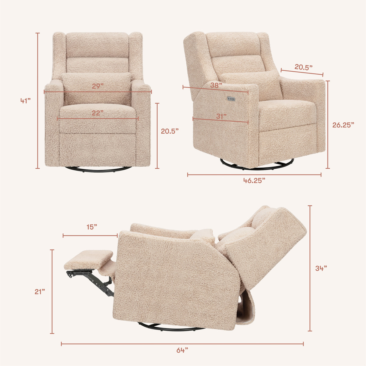 Kiwi Plus Power Recliner and Swivel Glider with Power Adjustable Headrest and USB Port in Chai Shearling