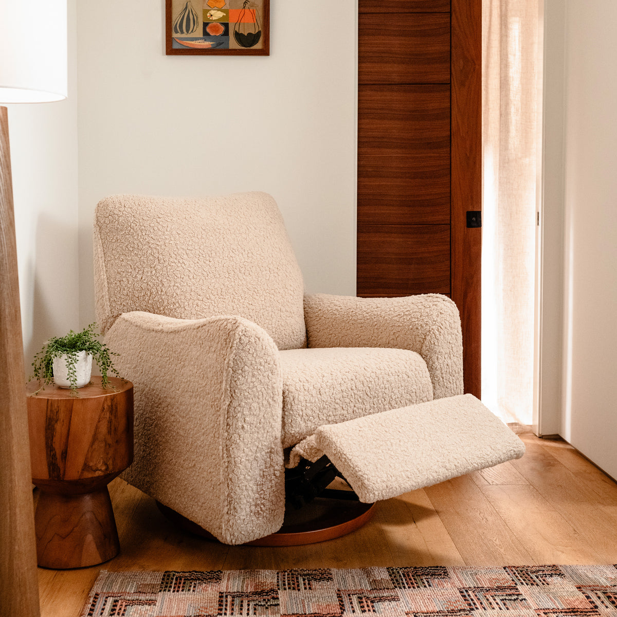 Sunday Power Recliner and Swivel Glider in Chai Shearling with Dark Wood Base
