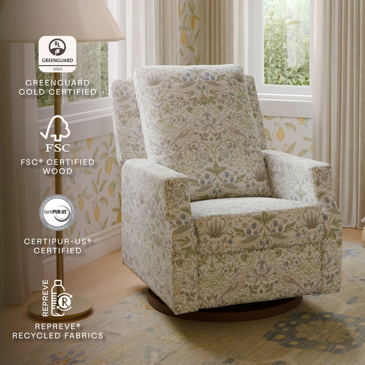 Morris & Co. x Namesake Crewe Recliner and Swivel Glider Strawberry Thief in Fig & Thyme