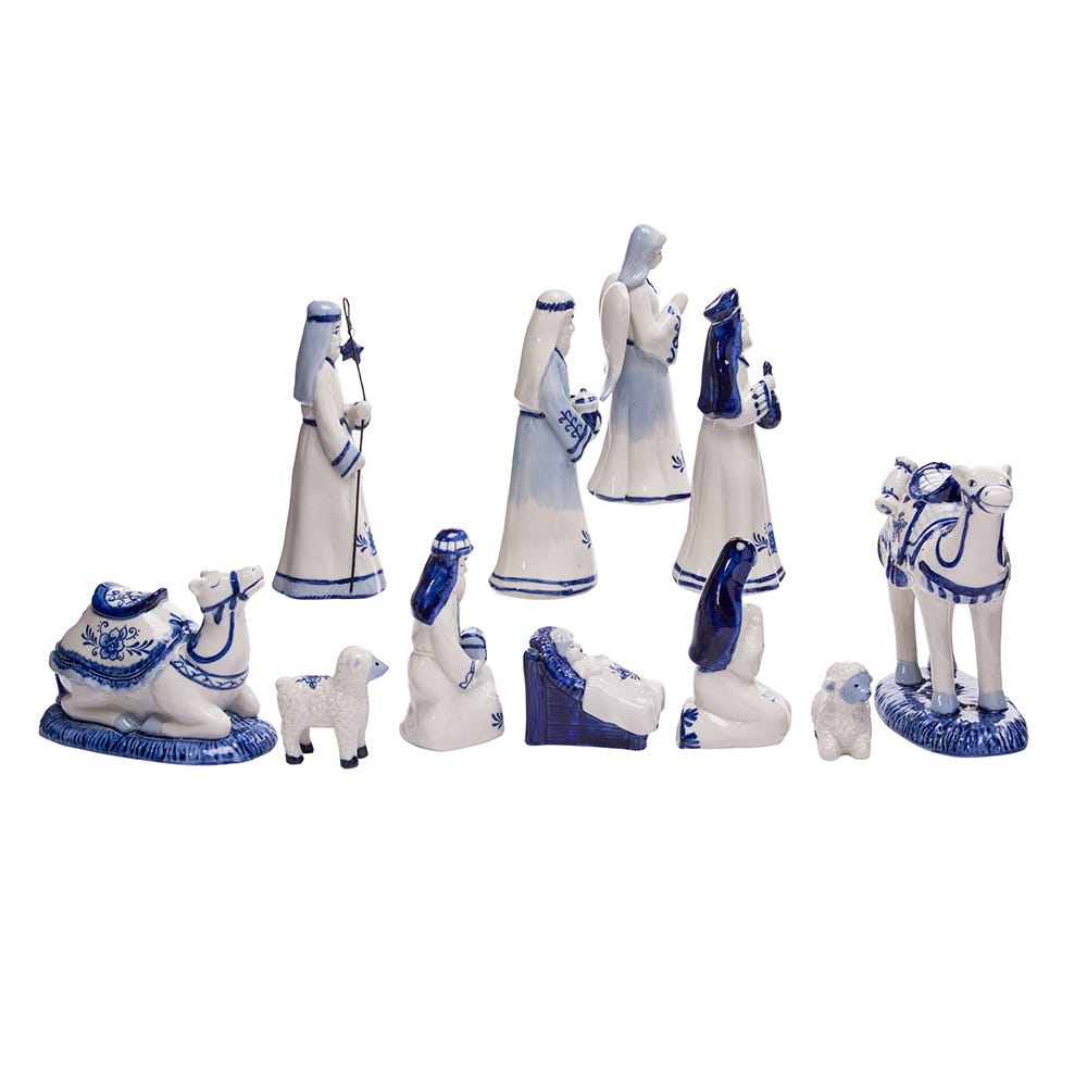 Porcelain Delft Blue Nativity Figures, Set of 11